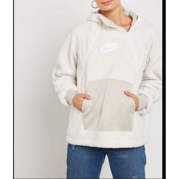 Nike NSW Sherpa Pullover Hoodie Large Ivory 1/2 Double Zip Kangaroo Pouch - Picture 2 of 14